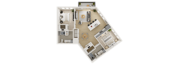 A top-down view of a house layout with a kitchen, living room, and bedrooms.