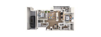 A 3D floor plan of a small apartment with a kitchen, living room, and bathroom.