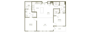 A floor plan of a house with a living room, dining room, kitchen, two bedrooms, a bathroom, and a balcony.
