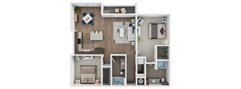 A top-down view of a small apartment layout with a living room, kitchen, and bedrooms.
