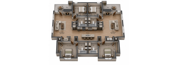 A 3D layout of a house with labeled rooms.