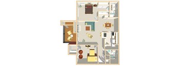 A detailed floor plan of a small apartment with a kitchen, living room, and bedroom.