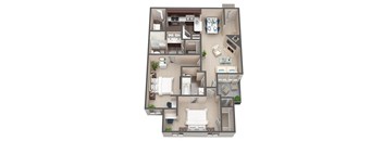 A top-down view of a house layout with multiple rooms.