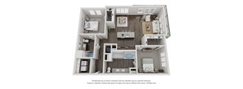 A 3D floor plan of a small apartment with two bedrooms, a living room, a kitchen, and a bathroom.