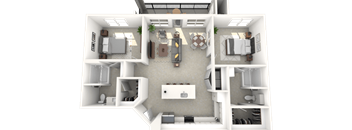A 3D floor plan of a house showing a kitchen, living room, dining room, and bedrooms.