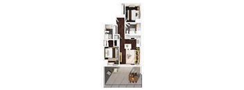 A top-down view of a house layout with a kitchen, living room, and bathroom.