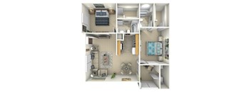 a 3d rendering of a floor plan with bedrooms and a living room