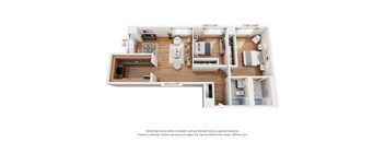 A 3D floor plan of a small apartment with a kitchen, living room, and bathroom.