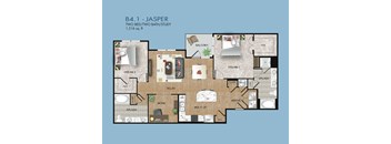 A floor plan of apartment B4.1 - Jasper, which is 1,516 sq. ft. and has two bedrooms, two bathrooms, and a study.
