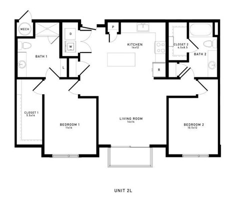 A black and white image of a floor plan for a 2-level apartment.