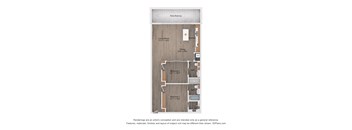 A floor plan of a house with a living room, kitchen, dining room, and two bedrooms.
