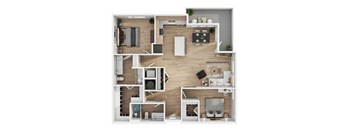 A top-down view of a small apartment with a kitchen, living room, and bedroom.
