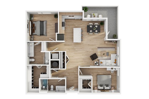 A top-down view of a small apartment with a kitchen, living room, and bedroom.