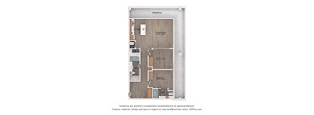 A floor plan of a small apartment with a kitchen, living room, and two bedrooms.