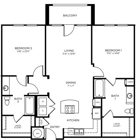 A black and white image of a house floor plan with a balcony, two bedrooms, a living room, a dining area, two bathrooms, a kitchen, and two large closets.
