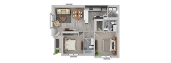 A floor plan of a two-bedroom apartment with a living room, kitchen, and bathroom.