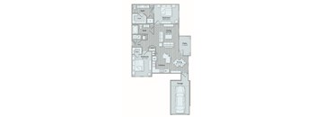 A floor plan of a house with a garage and a patio.