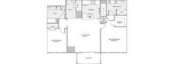 A floor plan of a house with a living room, two bedrooms, a bathroom, a kitchen, and a walk-in closet.