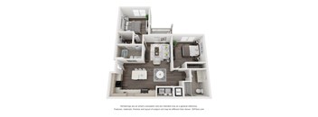 A 3D floor plan of a house with a kitchen, living room, and two bedrooms.