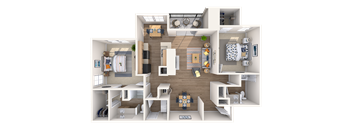 A 3D floor plan of a house showing a kitchen, living room, dining room, and bedrooms.