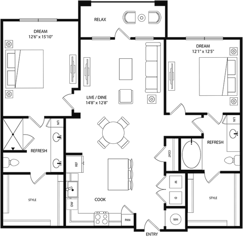 A black and white floor plan of a house with labeled rooms such as "DREAM", "REFRESH", "COOK", and "ENTRY".