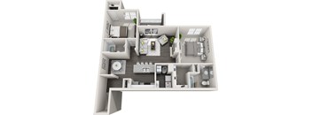 A 3D floor plan of a house with a living room, kitchen, and two bedrooms.