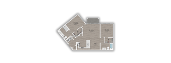 A floor plan of a house with two bedrooms, two bathrooms, a living room, a kitchen, and a dining area.
