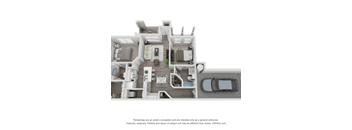 A 3D rendering of a modern house layout.