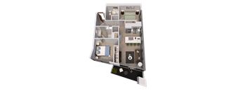 A 3D rendered image of a house layout.
