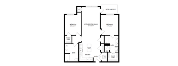 A black and white floor plan of a house with two bedrooms, a living room, a patio, a kitchen, a bath, a walk-in closet, and a laundry room.
