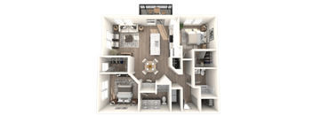 A 3D floor plan of a house with a living room, kitchen, and two bedrooms.