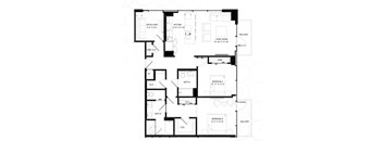 A black and white floor plan of an apartment with labeled rooms.