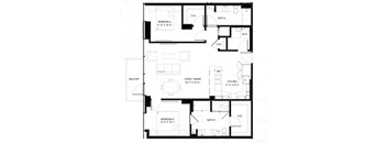 A black and white image of a floor plan for a two bedroom apartment.
