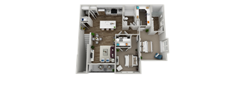 A 3D floor plan of a house with a kitchen, living room, dining room, and bedrooms.