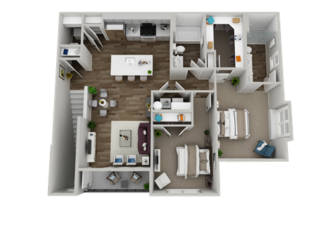 A 3D floor plan of a house with a kitchen, living room, dining room, and bedrooms.