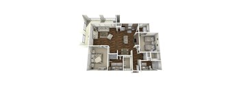 A 3D floor plan of a house with multiple rooms and furniture.