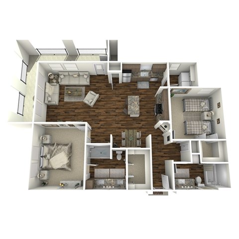 A 3D floor plan of a house with multiple rooms and furniture.