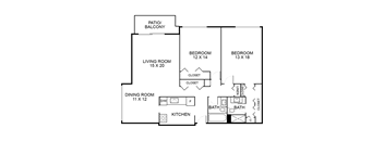 A floor plan of a house with a living room, dining room, kitchen, two bedrooms, and a patio/balcony.