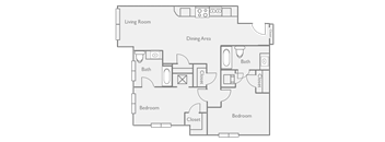 A floor plan of a house with a living room, dining area, two bathrooms, and two bedrooms.