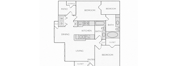 A floor plan of a house with a kitchen, dining room, living room, and three bedrooms.