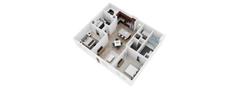A top down view of a house with a kitchen, living room, and bedrooms.