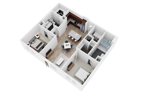 A top down view of a house with a kitchen, living room, and bedrooms.