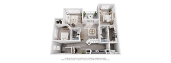 A 3D floor plan of a house with multiple rooms and furniture.