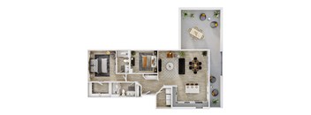 A top-down view of a house layout with a kitchen, living room, and bathroom.
