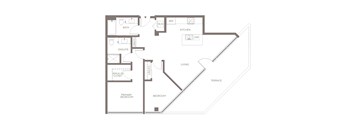 A floor plan of a house with a living room, kitchen, bathroom, and bedrooms.