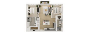 A top-down view of a modern apartment layout with a kitchen, living room, and bathroom.