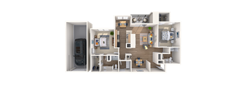A 3D floor plan of a small apartment with a kitchen, living room, and bathroom.