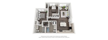A 3D floor plan of a house with a kitchen, living room, and two bedrooms.