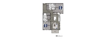 A floor plan of a home with two bedrooms, a living room, a bathroom, and a balcony.