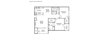 A floor plan of a house layout with a kitchen, living room, dining room, and bathrooms.